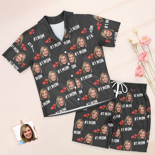 Custom Face Short Sleeved Pajamas Personalised Photo Love Sleepwear Women Summer Black Pajamas #1 MOM