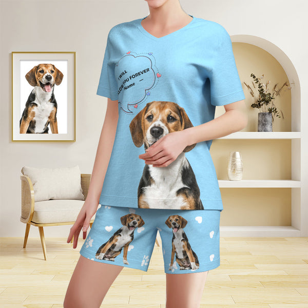 Custom Pet Photo Name Short Pajamas Personalised V-neck Dog Cat Lover Pajamas - MyFacepajamas