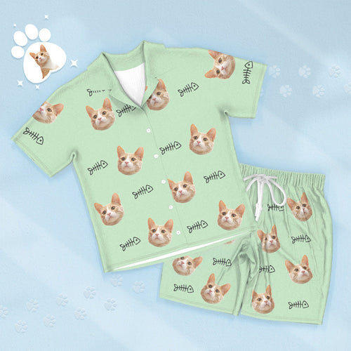 Custom Face Short Sleeved Pajamas Personalised Cat Sleepwear With Fish Women Men Pajamas - MyFacepajamas