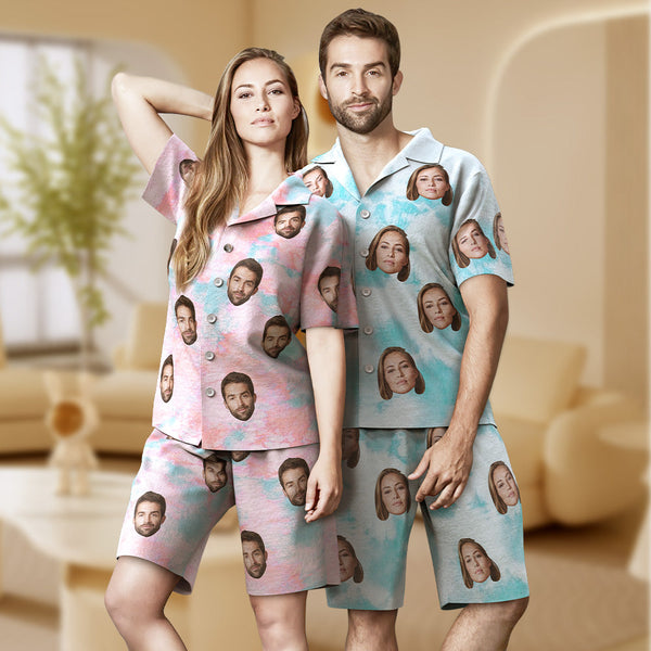 Custom Face Pink Tie Dye Pajamas Personalised Photo Short Sleepwear Love Gifts For Lover