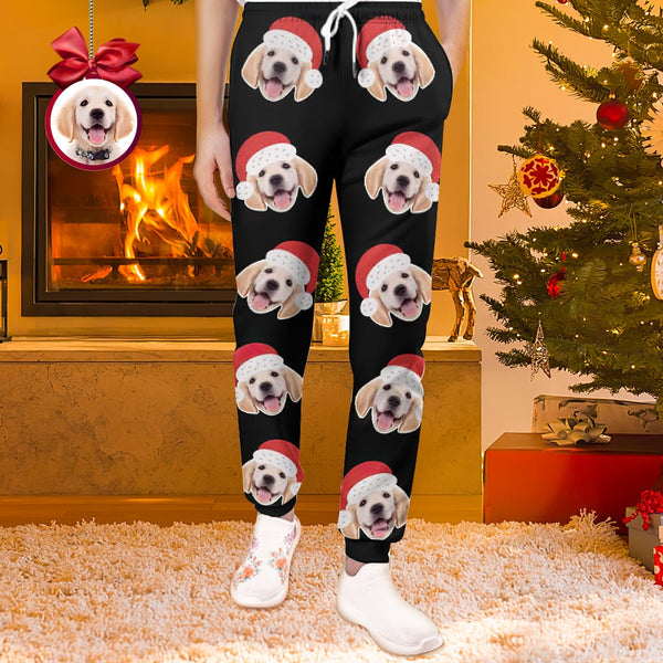 Custom Face Sweatpants Unisex Joggers with Christmas Hat Christmas Gift