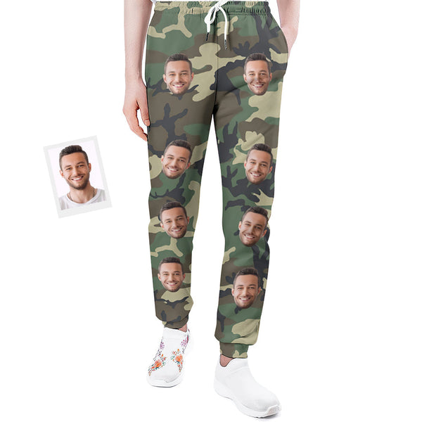 Custom Face Sweatpants Unisex Personalised Closed Bottom Joggers Camouflage Green