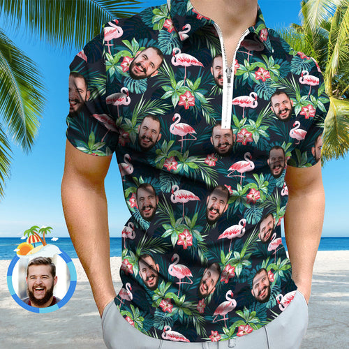 Custom Men's Polo Shirt with Zipper Personalised Face Hawaiian Style Polo Shirt - MyFacepajamas