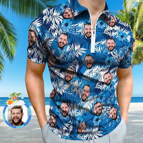 Custom Face Polo Shirt with Zipper Personalised Hawaiian Style Polo Shirt for Men - MyFacepajamas