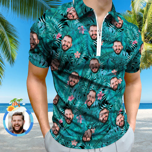 Custom Hawaiian Style Polo Shirt with Zipper Personalised Face Polo Shirt for Boyfriend or Husband - MyFacepajamas