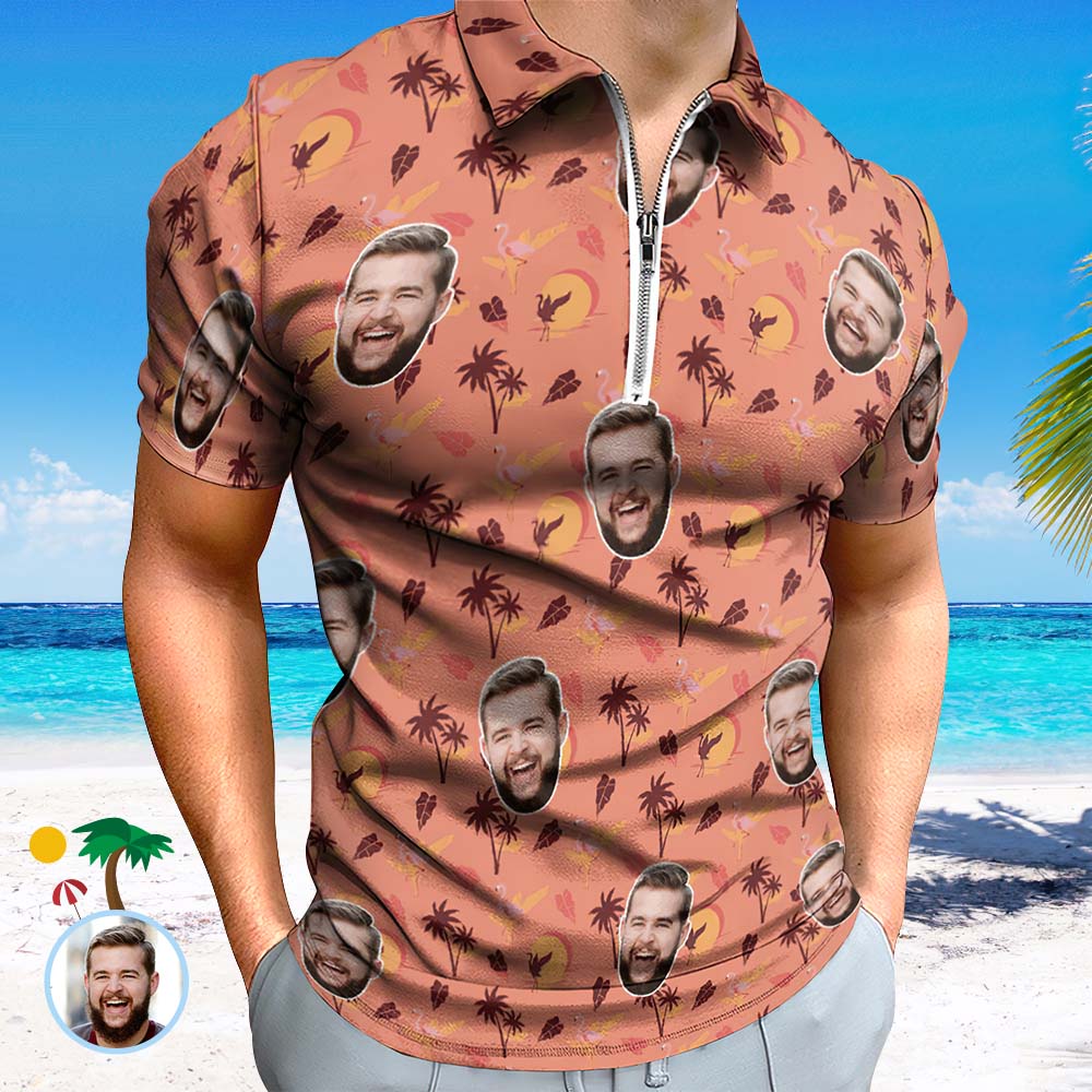 Custom Flamingo Tropical Sunset Men's Polo Shirt Personalised Face Funny Polo Shirt with Zipper - MyFacepajamas