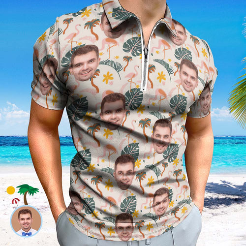 Custom Flamingo Wild Floral Men's Polo Shirt Personalised Face Funny Polo Shirt with Zipper - MyFacepajamas