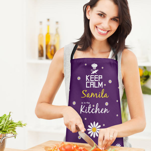 Custom Cooking Apron For Mom Flowers With Your Name - Keep Calm In The Kitchen