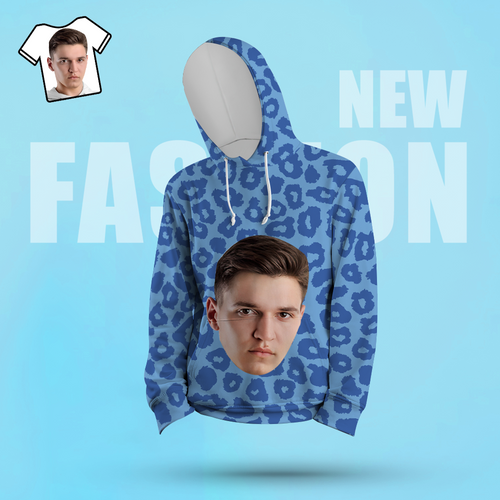 Custom Face Unisex Hoodie Casual Printed Photo Blue Hoodie For Men Women - Leopard