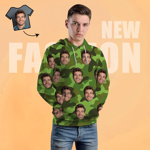 Custom Face Unisex Hoodie Casual Printed Photo Green Hoodie For Men Women - Camouflage