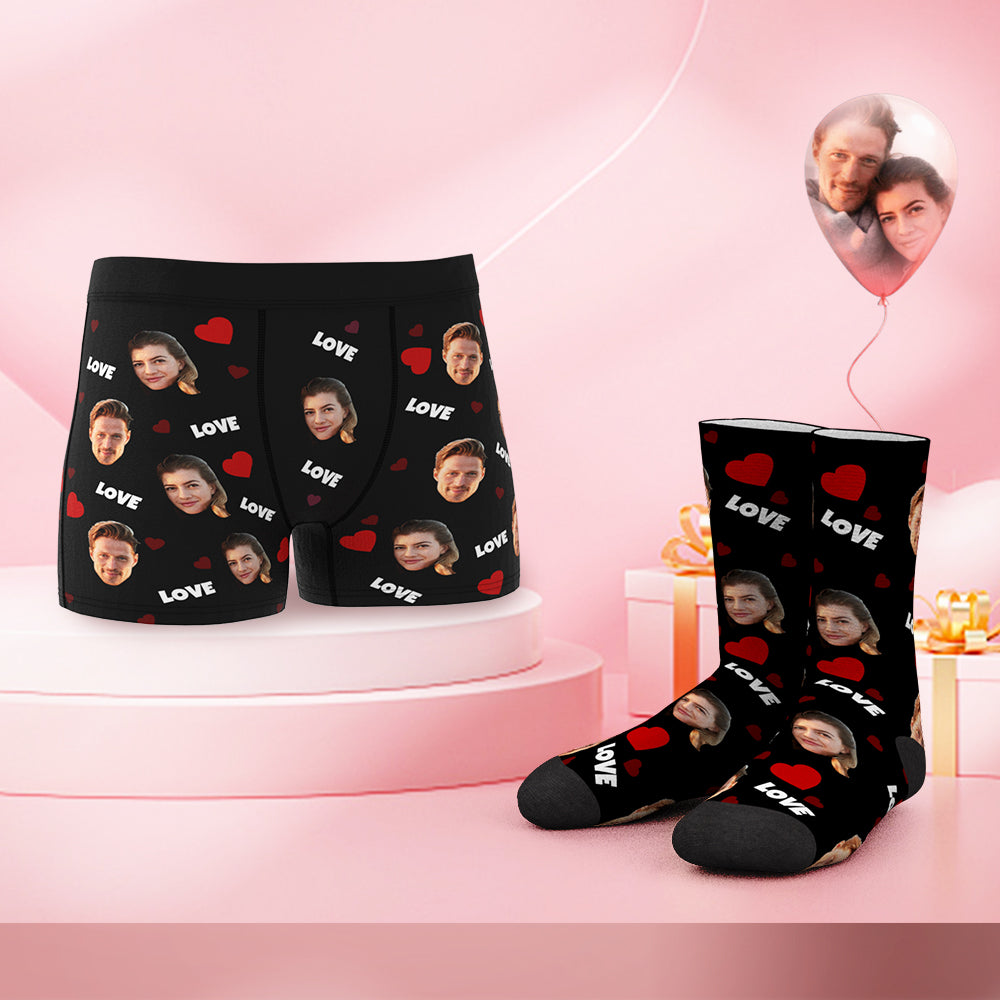 Custom Face Boxer Shorts And Socks Set Love Heart