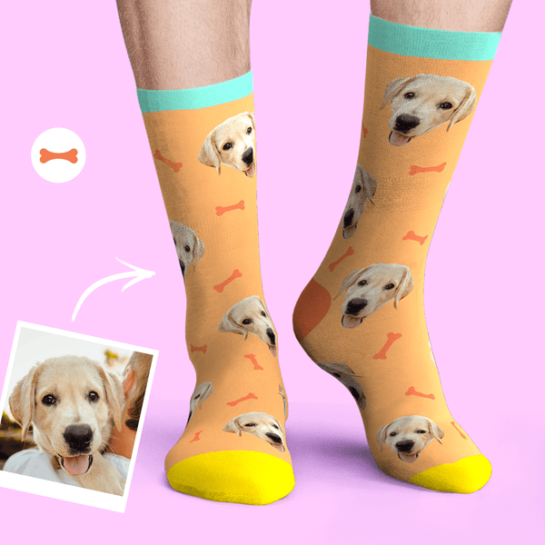 Custom Personalized Photo Pet Face Socks - Bone And Footprint