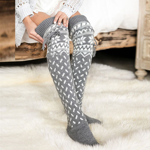 Christmas Snowflake Beading Mid Tube Socks Pile Pile Socks Long Tube Above Knee Wool Socks Ladies