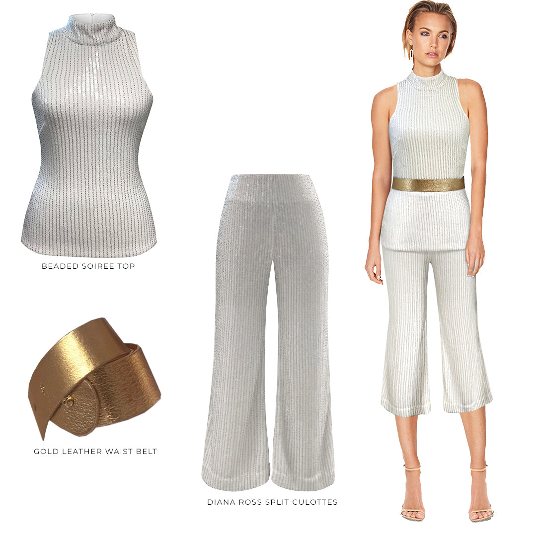 SOIREE TOP, DIANA ROSS CULOTTES, LEATHER GOLD WAIST BELT