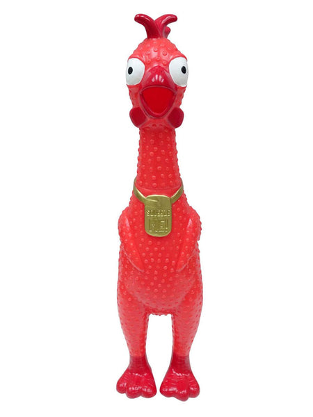red rubber chicken dog toy