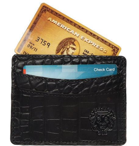 BLACK CROCO LEATHER CARD HOLDER WITH GUN METAL LION LOGO