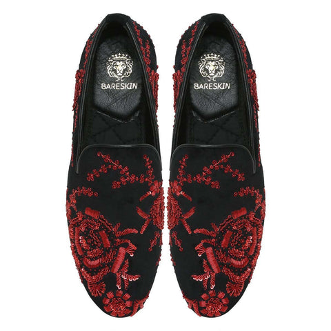 BLACK VELVET RED ZARDOSI EMBROIDERY SLIP-ON SHOES BY BARESKIN