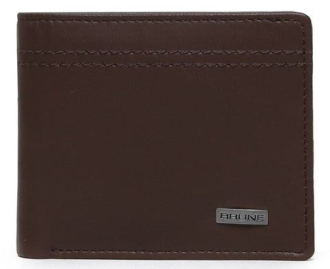 BROWN PARALLEL STITCHED LINE LEATHER WALLET WITH GUNMETAL FINISH BRAND PLATE BY BRUNE