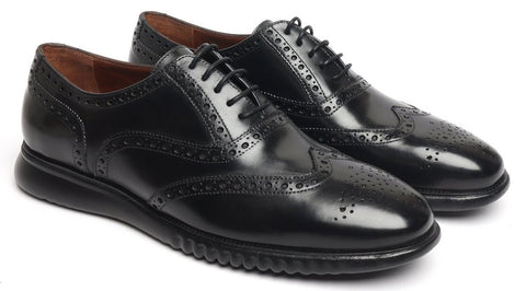 BRUNE LIGHT WEIGHT COLLECTION BLACK LEATHER BROGUE SHOE WITH FLAT CUSHIONED SOLE