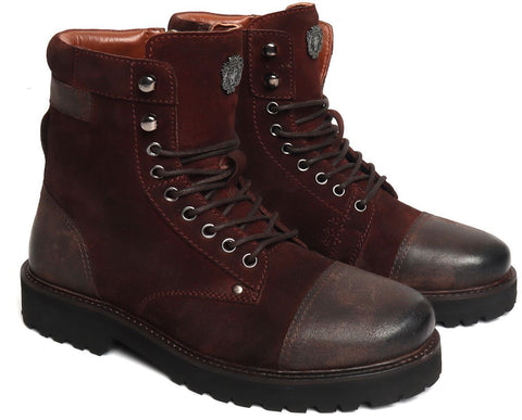DARK BROWN SUEDE LEATHER TOE AND HEAL CAP HIGH NECK BIKER BOOTS BY BARESKIN