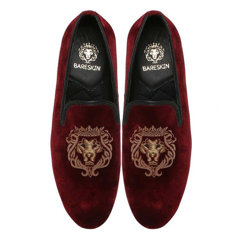 GOLDEN BARESKIN LION ZARDOSI RED VELVET SLIP-ON