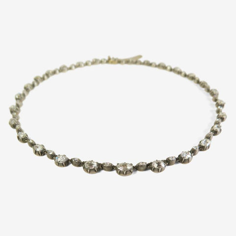 Antique Georgian Revival 15k, Silver, & Rose-Cut Diamonds Collet-Set Riviere Necklace C. Late 19th- Early 20th Century, 18ct