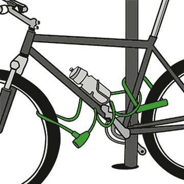 Place the U-Lock shackle around the pole, your bike frame and through your rear wheel. Loop a cable around your front wheel, bike frame, and onto your U-Lock shackle.