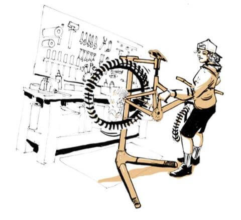 ILLUSTRATION OF MECHANIC WRENCHING ON BIKE IN WORK STAND