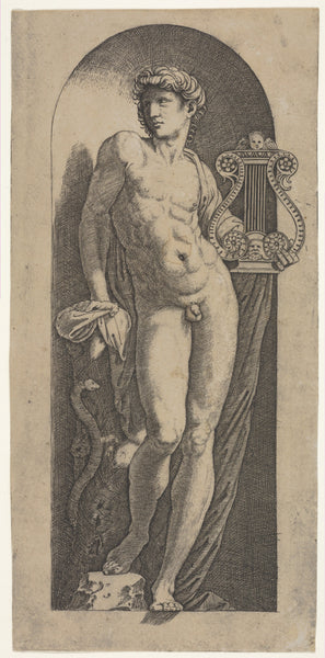 A statue of Apollo, naked standing in a niche, holding a lyre in his left hand and leaning on a tree trunk,1512–15