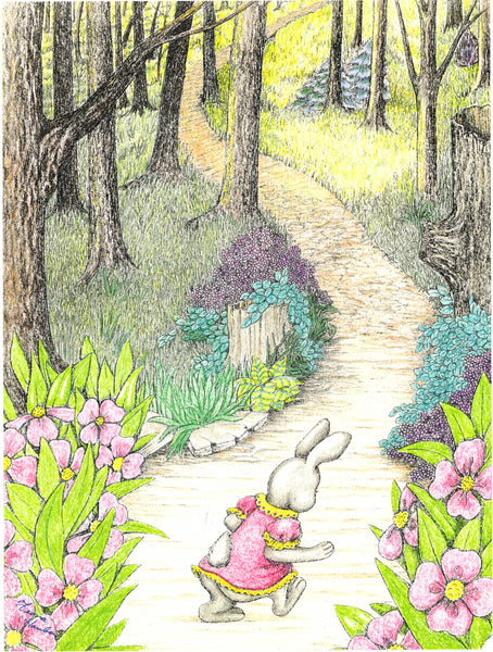 Through the Woods from Saffron Beatrice Sunrise and the Bunny on the Moon Copyright Illustrations Lee Hauber 2000; Copyright Shiloh Richter