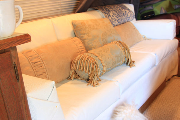 The RV Couch I redid in Faux White Leather