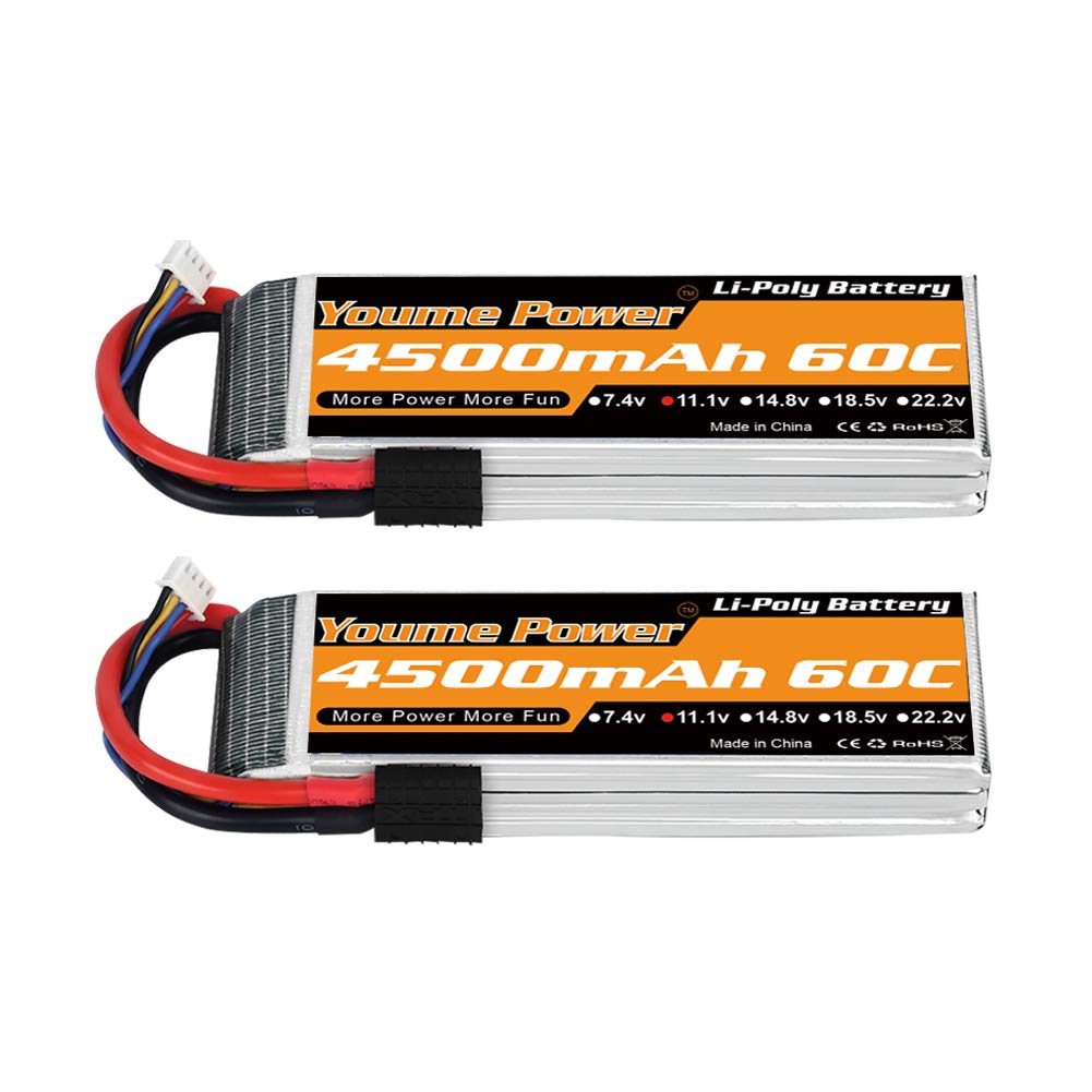 Youme 11.1V Lipo Battery 4500mAh,3S RC Lipo Batteries 60C Tracxas Plug for Tracxas 1/10 RC Car/Truck,Slash VXL,1/10 Rally,XO-1 Supercar, E-Maxx/E-Revo Brushless and Spartan,Rustler VXL(2 Packs)