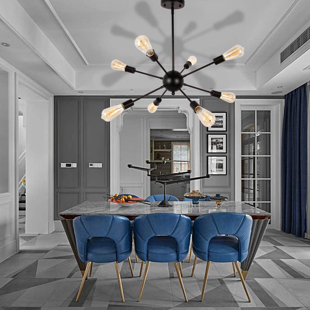 T&A 8 Lights Modern Metal Sputnik Chandelier,Mid Century Ceiling Light Fixture Industrial Style Pendant Lighting for Kitchen Living Room Dining Room(Matte Black)