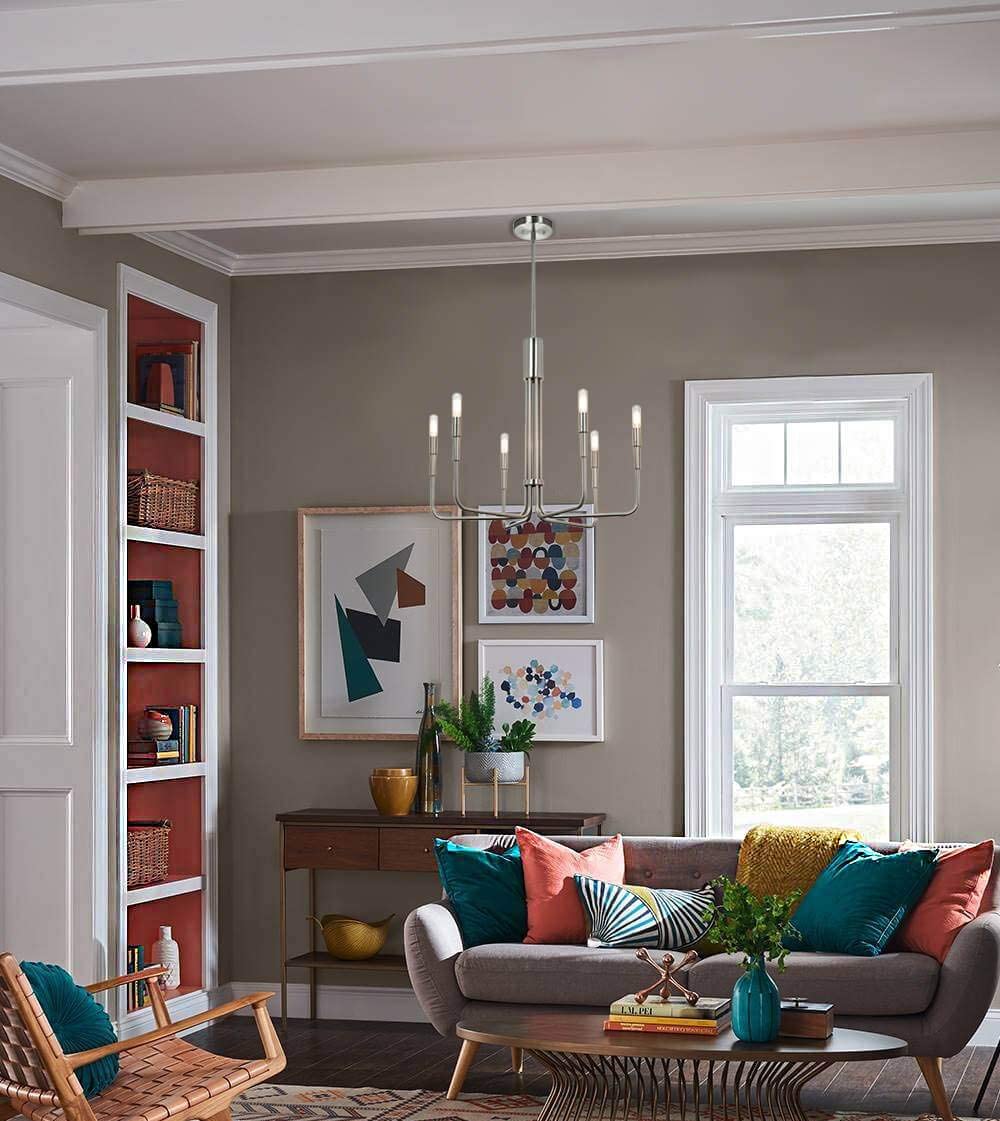 XiNBEi Lighting Chandelier Pendant Light, Nickel Chandeliers with LED Bulb Modern Adjustable Hanging Ceiling Light for Living & Dining Room XB-C1213-6-BN