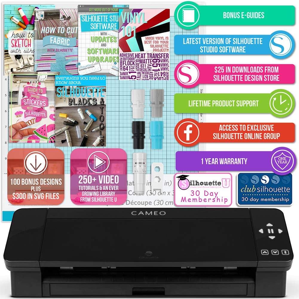 Silhouette Black Cameo 4 Bundle with Oracal 651 Vinyl, Tools, Pens, Guides, and Pixscan