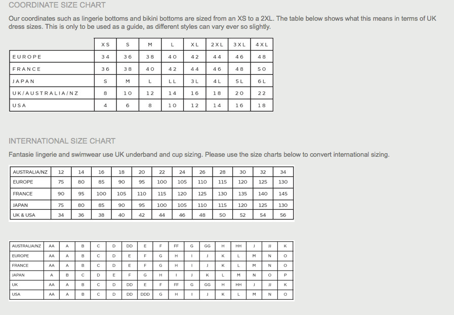 Fantasie & Freya Size Chart