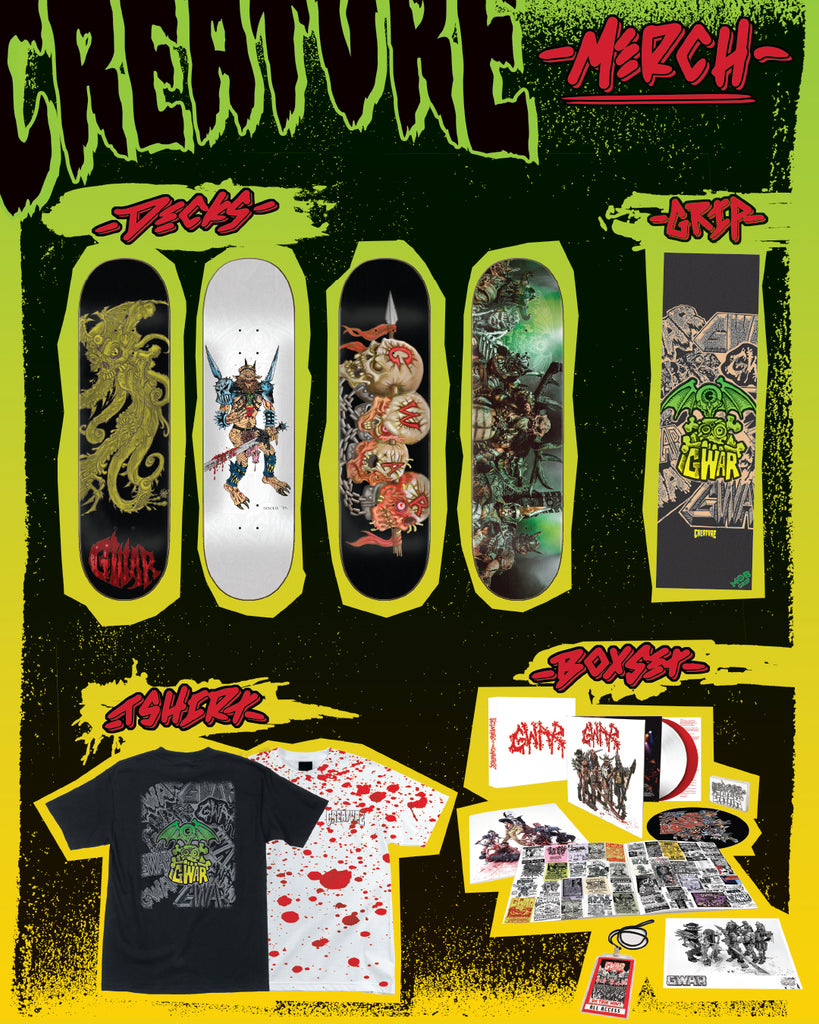 Creature skateboards X GWAr skate decks griptape t-shirts