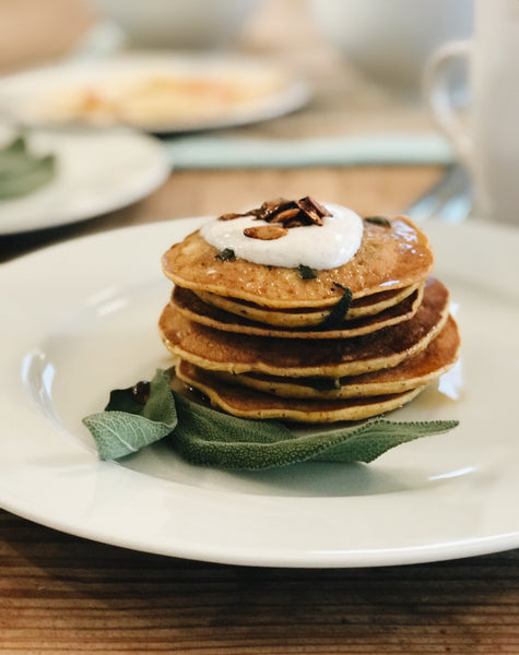 butternut squash molé pancakes with sage brown butter