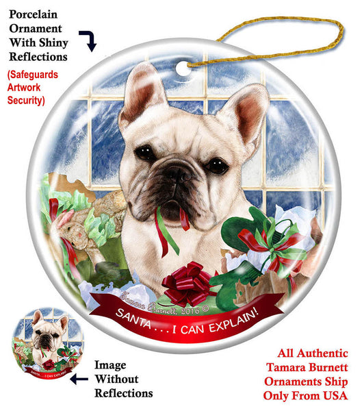 Black and White French Bulldog Dog Santa Hat Christmas Ornament Porcelain