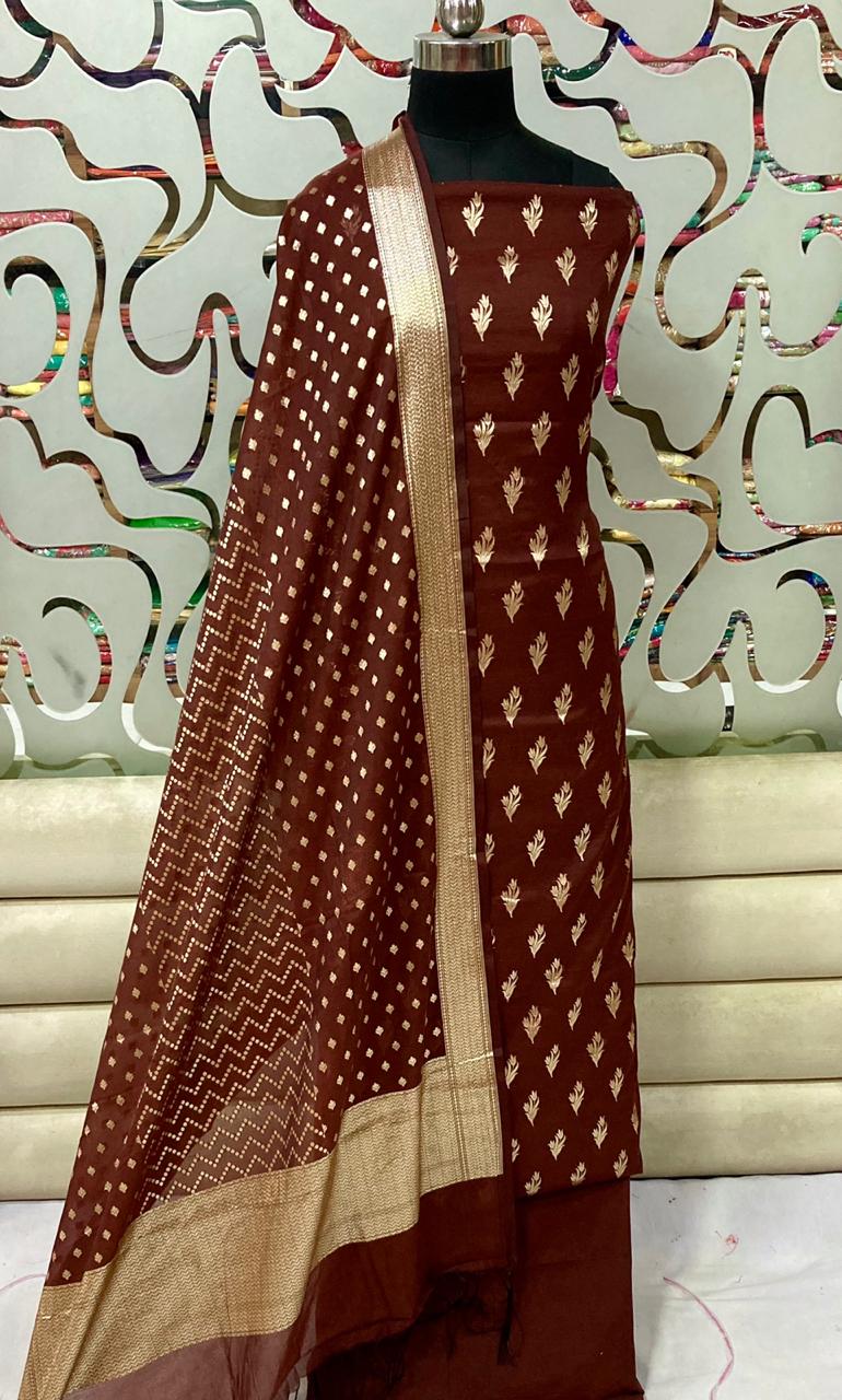 Chanderi Silk Suit With Banarasi Dupatta In Brown|Banarasi Patiala Salwar  Suit – jhakhas.com