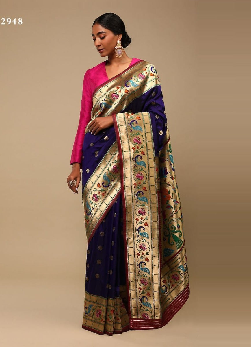 Dark Blue Banarasi Silk Saree With Blouse| Shop Banarasi Silk ...