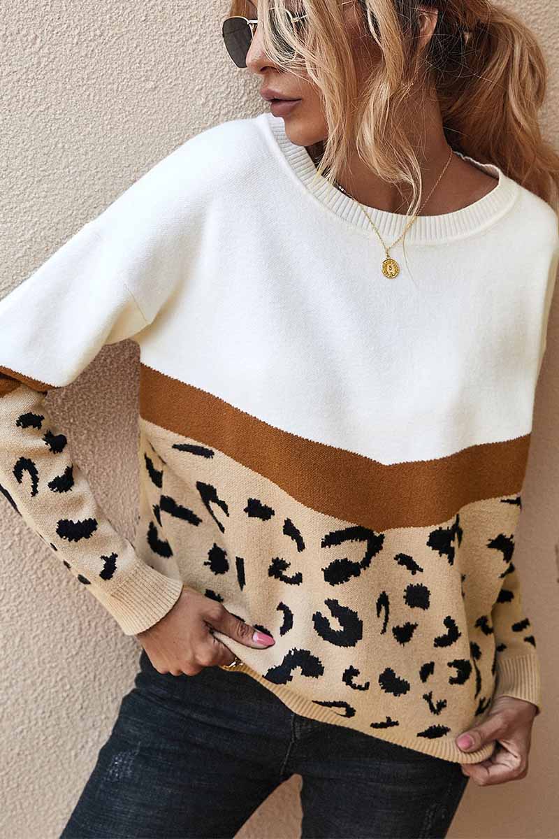 Florcoo Leopard Splice Contrast O-neck Sweater
