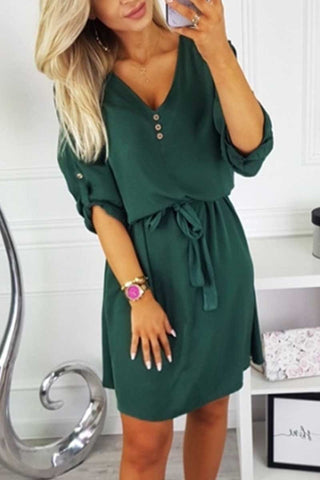 Florcoo Solid Color V-Neck Long Sleeves Mini Dresses