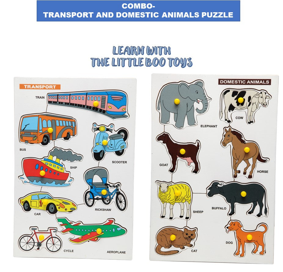 JoGenii |The Little boo Wooden Picture Educational Board for Kids,  Transport-Puzzle & Domestic Animal Puzzle (Combo of 2)|The Little boo