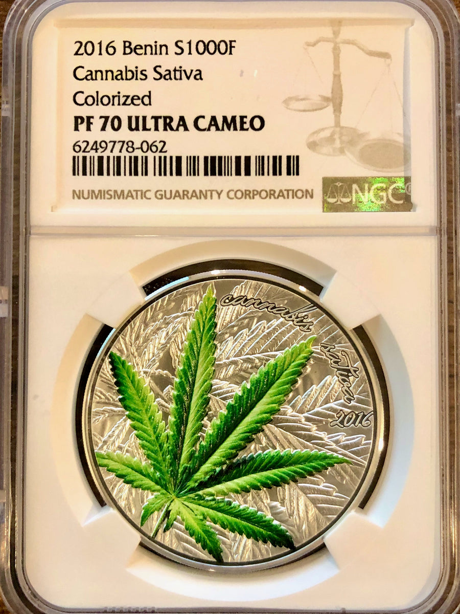 .999 Silver Coin PCGS PR70DCAM 2016 1000 Francs Benin Cannabis Sativa 1 oz