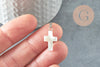 Pendentif croix nacre blanche naturelle zamac argenté 22mm, pendentif coquillage pour création bijoux,X1 G6329
