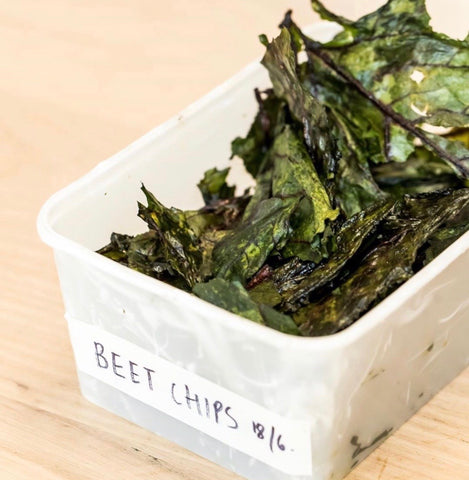 beet leaf chips in labelled container