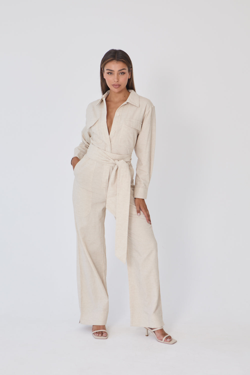 に初値下げ！ Belted Linen Jumpsuits / Beige leinwande - 通販 - www