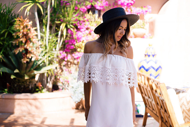 White Lace Off The Shoulder Dress, Stone Cold Fox Bonita Dress, Del Mar Opening Day Outfit