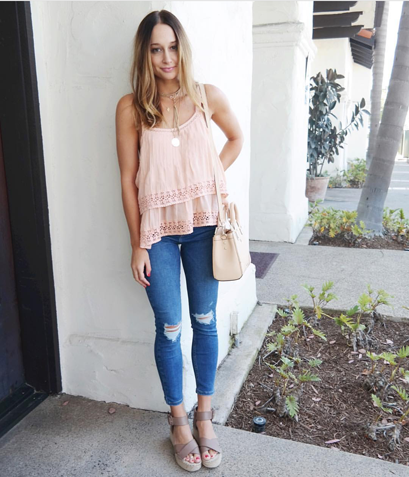 Chloe Oliver Peach Pink Ruffle Tank, Distressed denim, Danielle Wittig